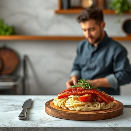 A close-up of a chef's hands (out of frame, only the action visible) finely grating parmesan cheese over a pasta dish, creating a flurry of white flakes. The focus is on the falling cheese and the texture of the pasta below.